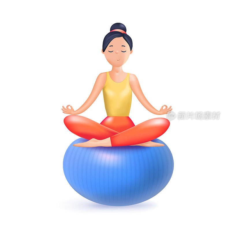 冥想3 d演示。快乐平静的女人在冥想。禅宗，瑜伽，冥想，放松，娱乐，健康的生活方式。和谐平衡的生活。心理学,selfcare。三维向量